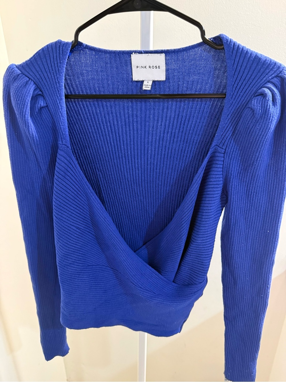 Pink Rose Cobalt Ribbed Wrap Long Sleeve Top